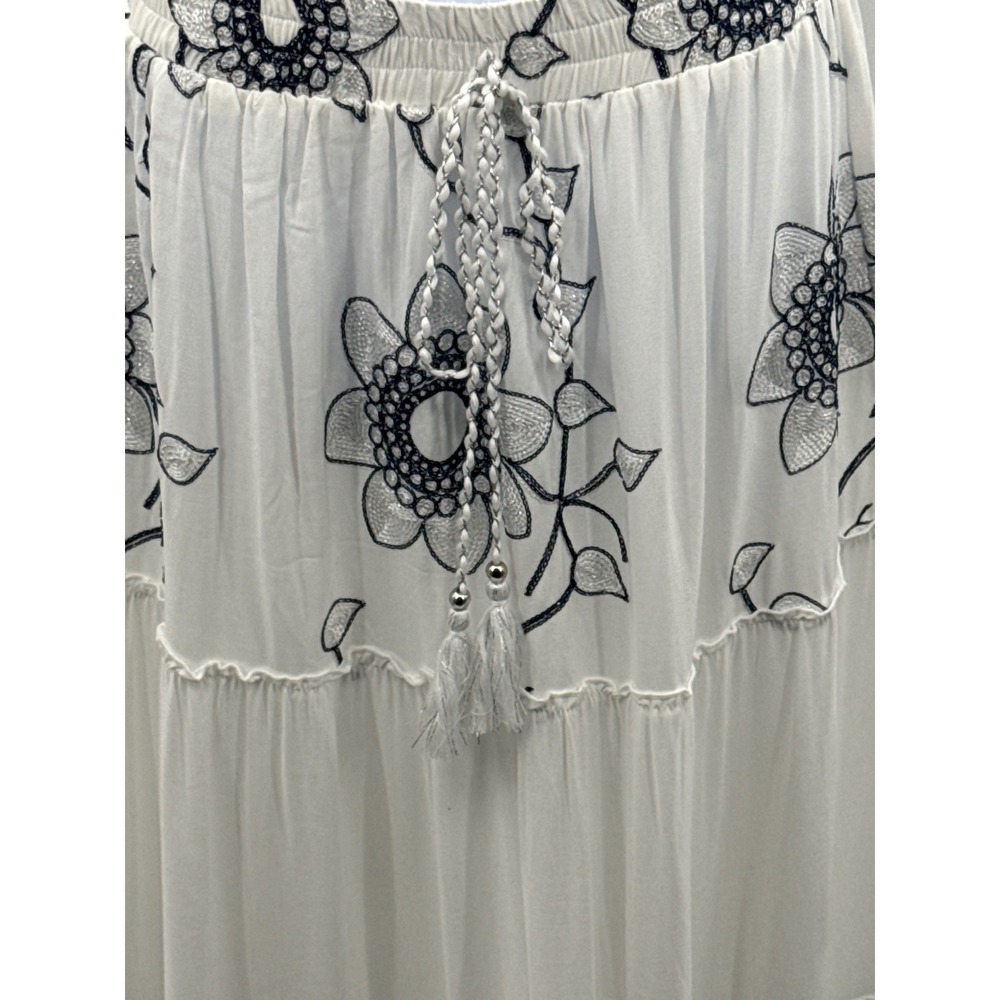 Mermaid Fashion White Floral Embroidered Tiered Maxi Skirt Navy Silver Boho L - Picture 3 of 9